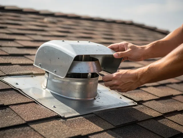 Plymouth Dryer Vent Cleaning certified technician safely cleaning a roof-mounted dryer vent in Plymouth