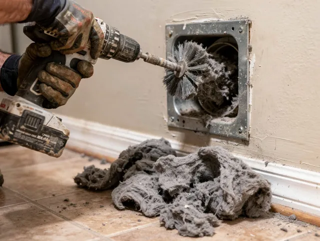 Certified Plymouth Dryer Vent Cleaning technician performing dryer vent cleaning in Plymouth