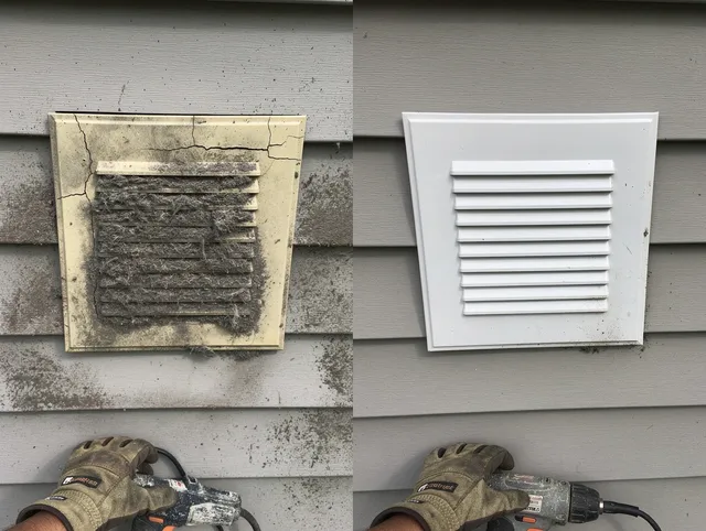 Plymouth Dryer Vent Cleaning technician installing high-quality dryer vent cover at a residential property in Plymouth