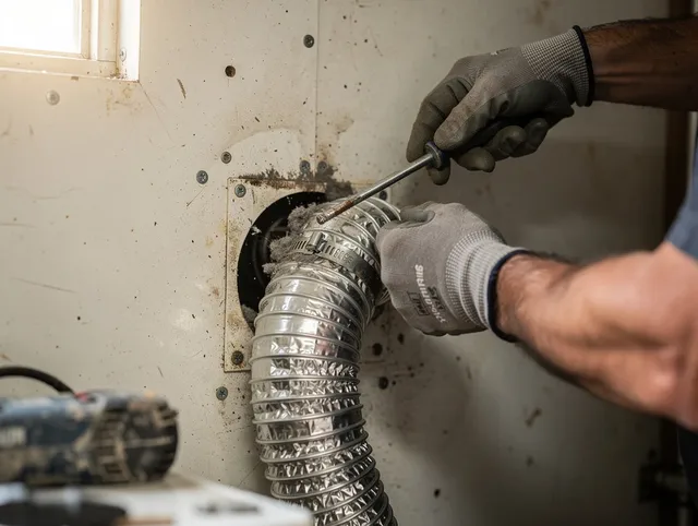 Plymouth Dryer Vent Cleaning technician performing precise dryer vent hose installation in Plymouth